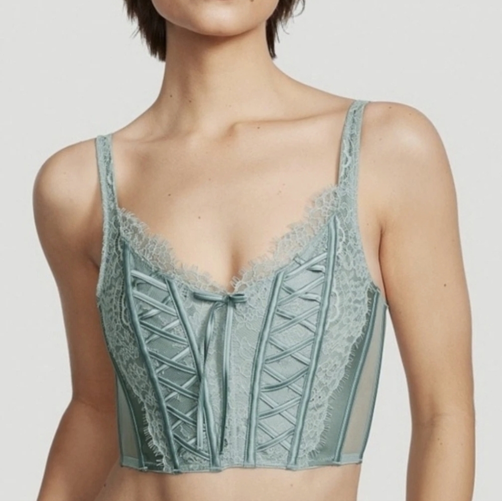 NWT Victoria's Secret Dream Angels Unlined Lace Up Corset Top in Sage Dust Small